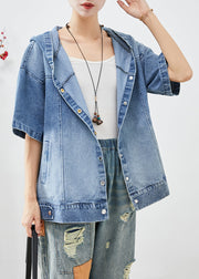 French Blue Hooded Oversized Denim Coat Short Sleeve