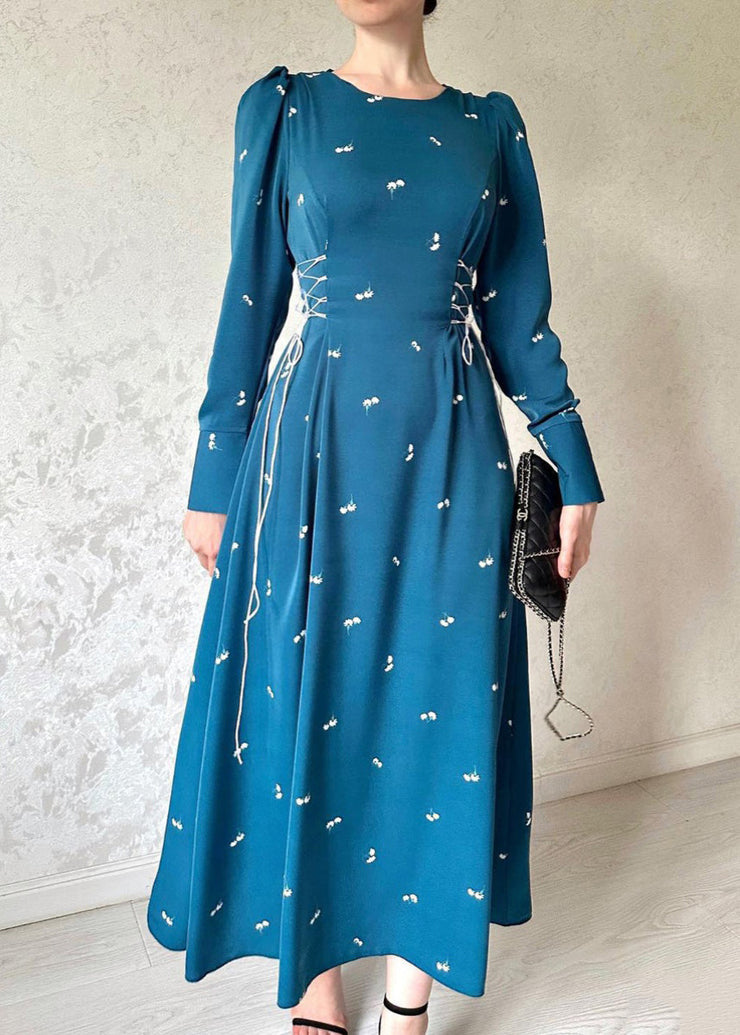 French Blue Lace Up Print Cotton Long Dresses Fall