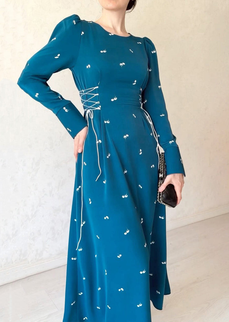 French Blue Lace Up Print Cotton Long Dresses Fall