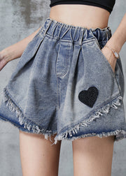 French Blue Love Embroidered Patchwork Denim Shorts Summer