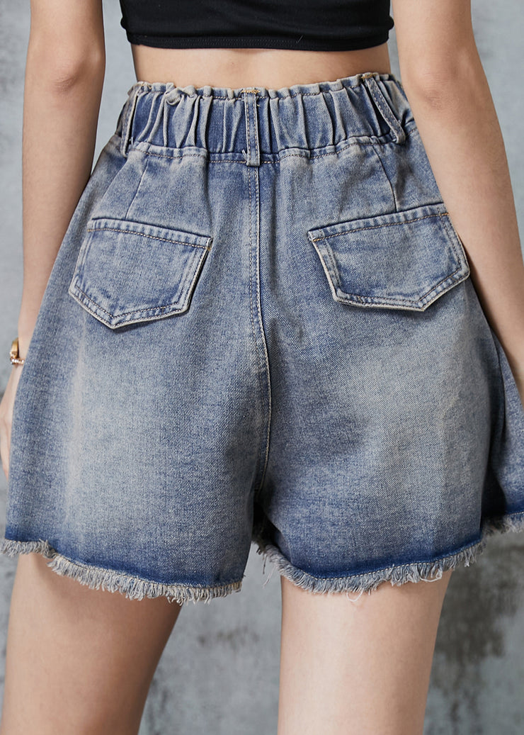 French Blue Love Embroidered Patchwork Denim Shorts Summer