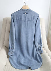 French Blue O Neck Button Pockets Denim Shirts Long Sleeve