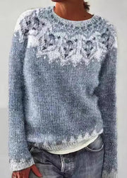 French Blue O Neck Patchwork Knit Sweaters Fall