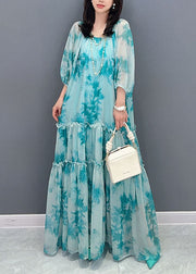 French Blue O Neck Ruffled Patchwork Long Chiffon Dress Summer