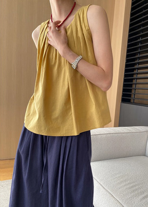 French Blue O Neck Wrinkled Cotton Tops Sleeveless