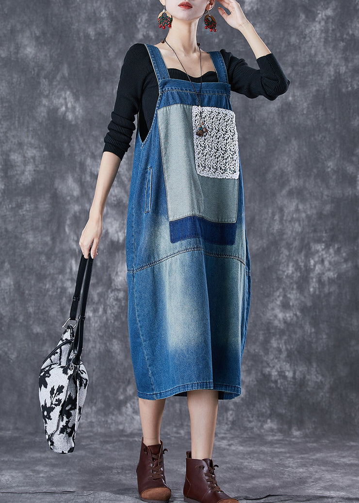 French Blue Oversized Lace Patchwork Denim Strap Dresses Summer