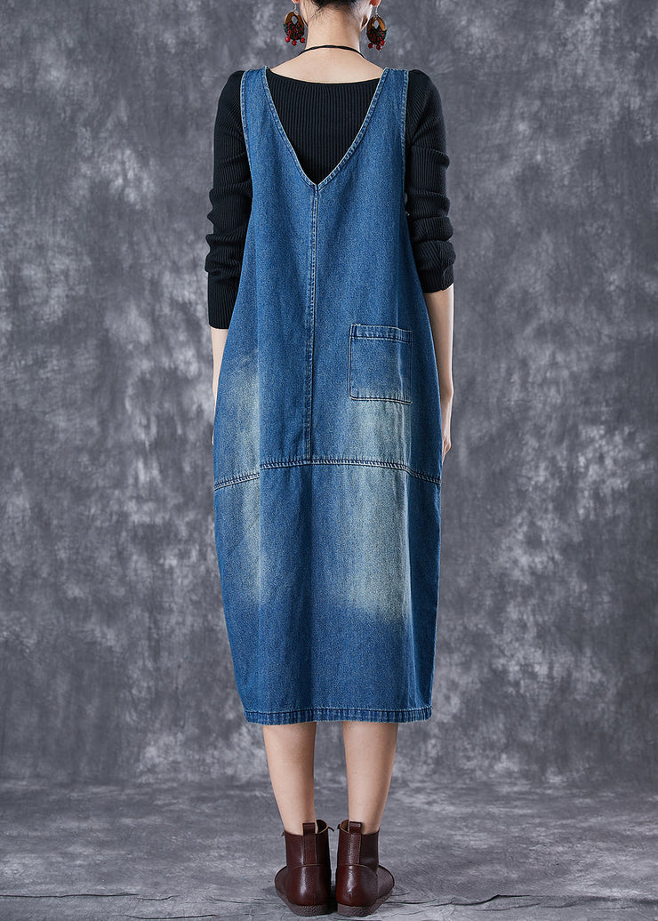 French Blue Oversized Lace Patchwork Denim Strap Dresses Summer