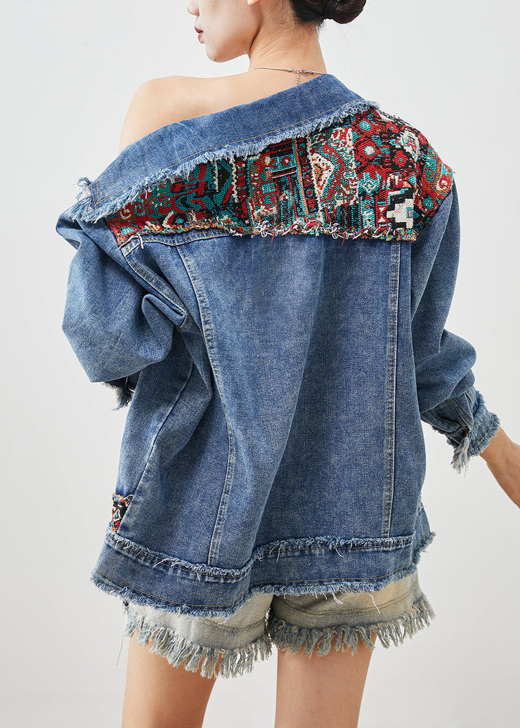 French Blue Oversized Patchwork Applique Denim Coats Spring