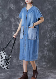 French Blue Oversized Patchwork Pockets Cotton Vacation Dresses Fall