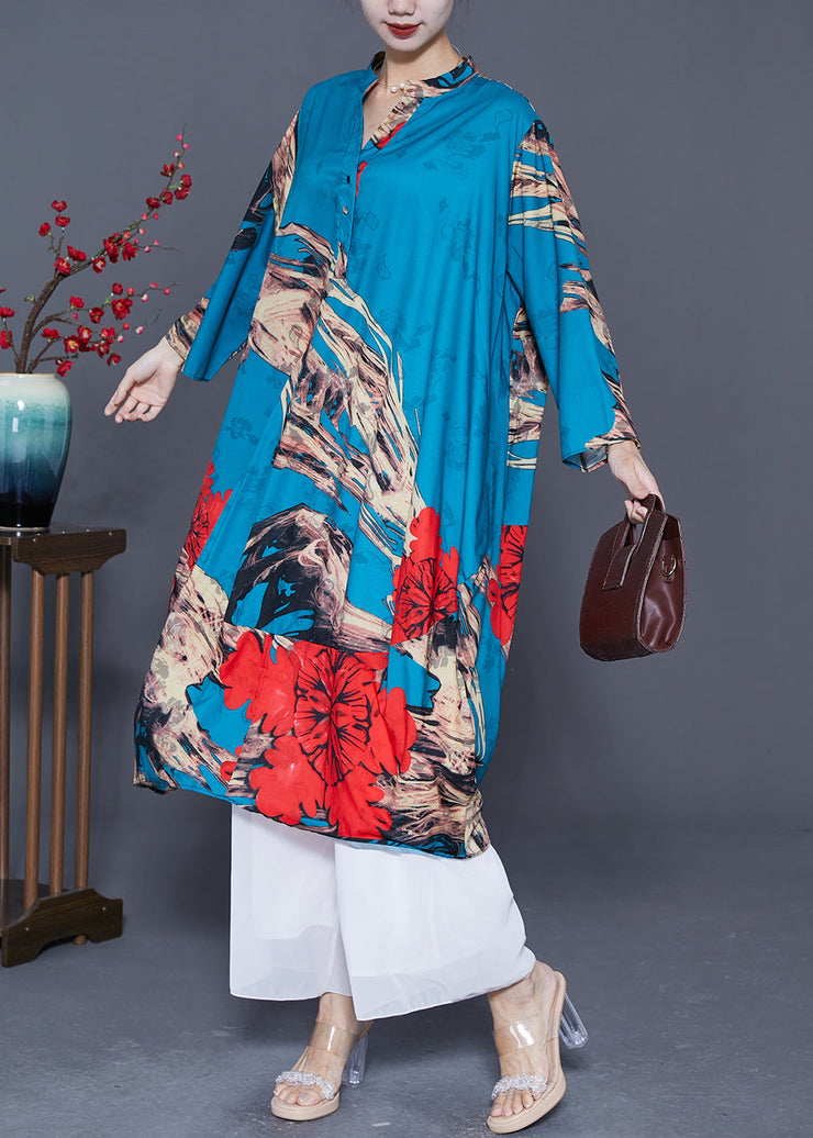 French Blue Oversized Patchwork Print Silk Holiday Dress Summer