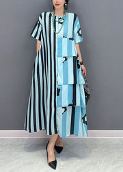 French Blue Oversized Patchwork Striped Cotton Dresses Short Sleeve