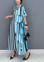 French Blue Oversized Patchwork Striped Cotton Dresses Short Sleeve