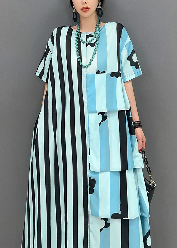 French Blue Oversized Patchwork Striped Cotton Dresses Short Sleeve