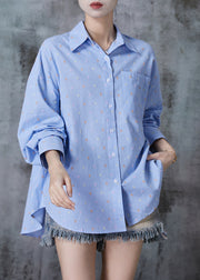 French Blue Oversized Plaid Cotton Shirts Fall