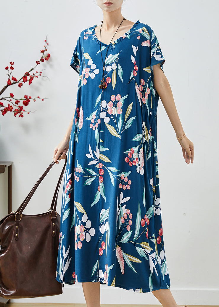 French Blue Oversized Print Cotton Maxi Dresses Summer