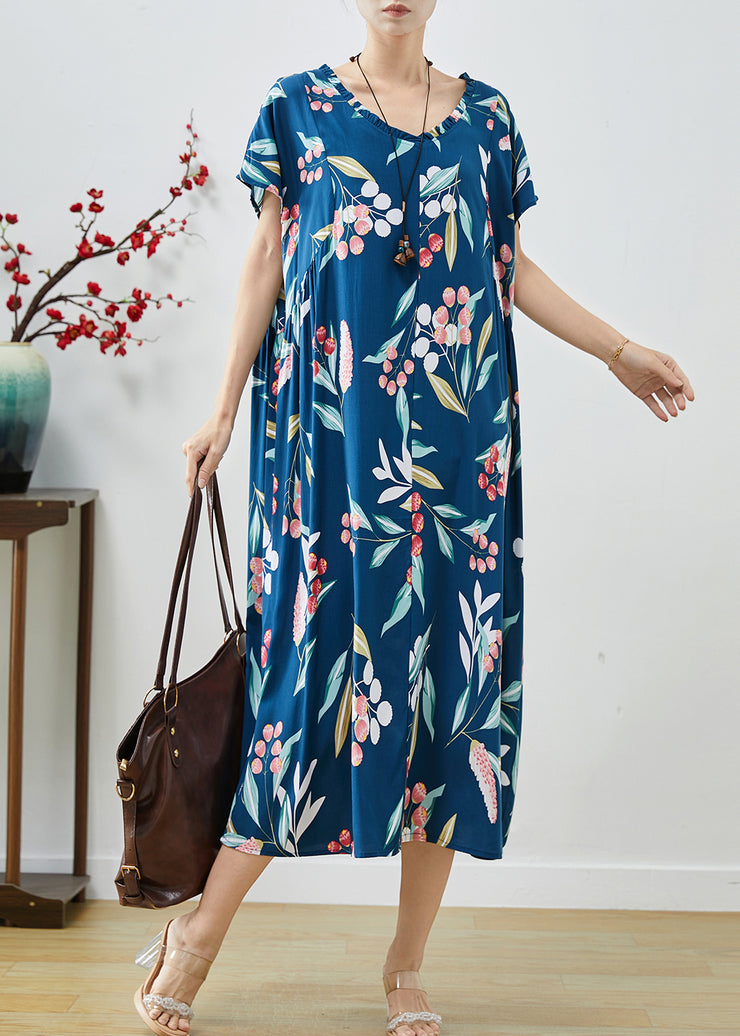 French Blue Oversized Print Cotton Maxi Dresses Summer