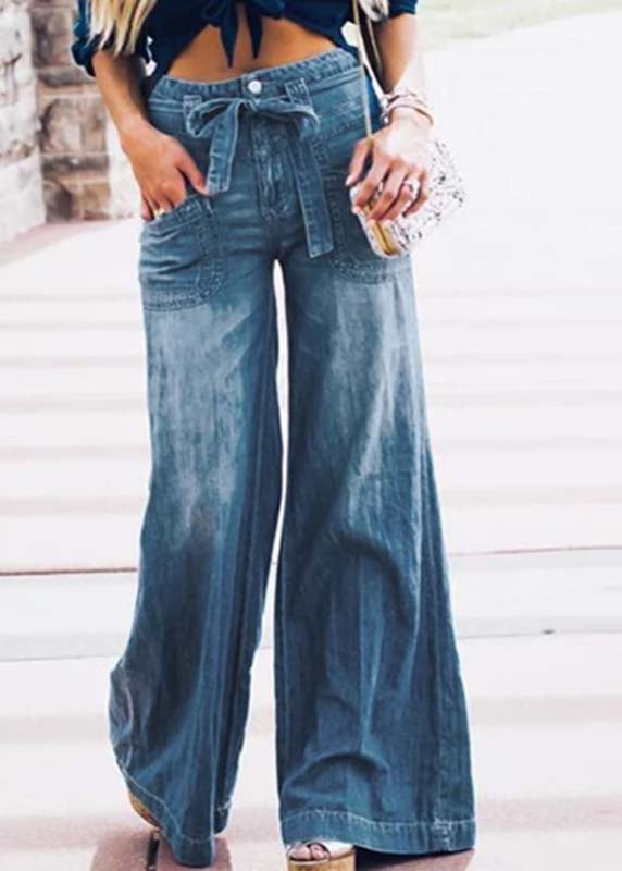 French Blue Oversized Tie Waist Denim Wide Leg Pants Summer