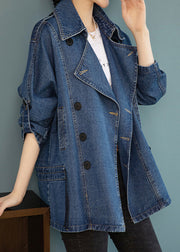 French Blue Peter Pan Collar Patchwork Button Denim Coats Long Sleeve