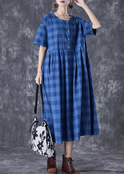 French Blue Plaid Button Down Linen Long Dresses Summer