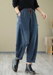 French Blue Pockets Lace Up Elastic Waist Jeans Fall