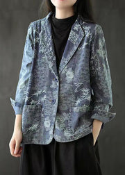 French Blue Pockets Print Denim Coats Long Sleeve