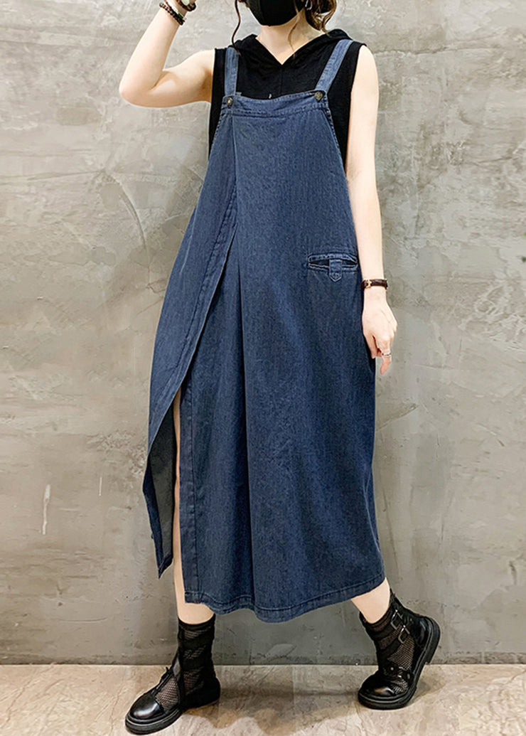 French Blue Pockets Side Open Denim Straps Dress Sleeveless