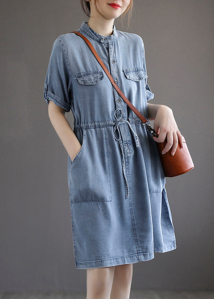 French Blue Pockets Tie Waist Denim Dresses Summer