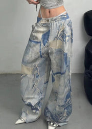 French Blue Print Pockets Elastic Waist Denim Pants Fall