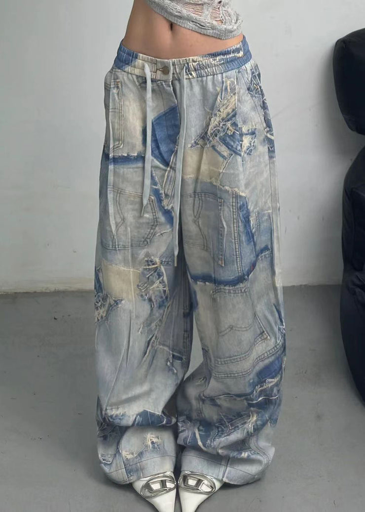 French Blue Print Pockets Elastic Waist Denim Pants Fall