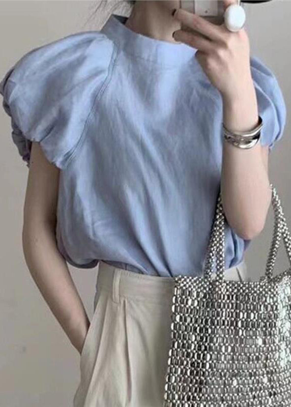 French Blue Puff Sleeve Cotton T Shirt Top