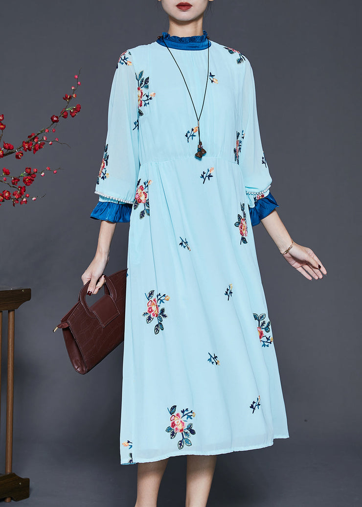 French Blue Ruffled Embroidered Silk Maxi Dress Spring