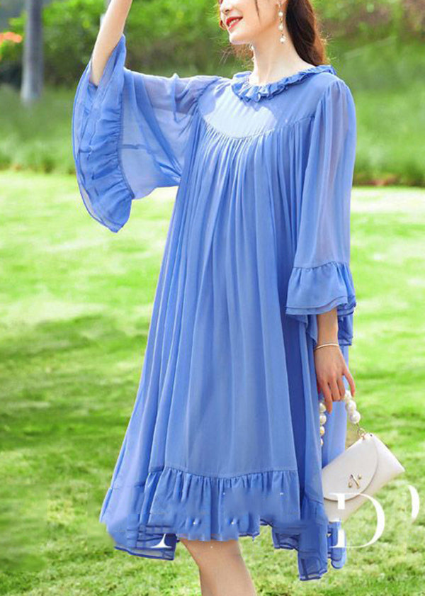 French Blue Ruffled Patchwork Silk A Line Dresses Flare Sleeve