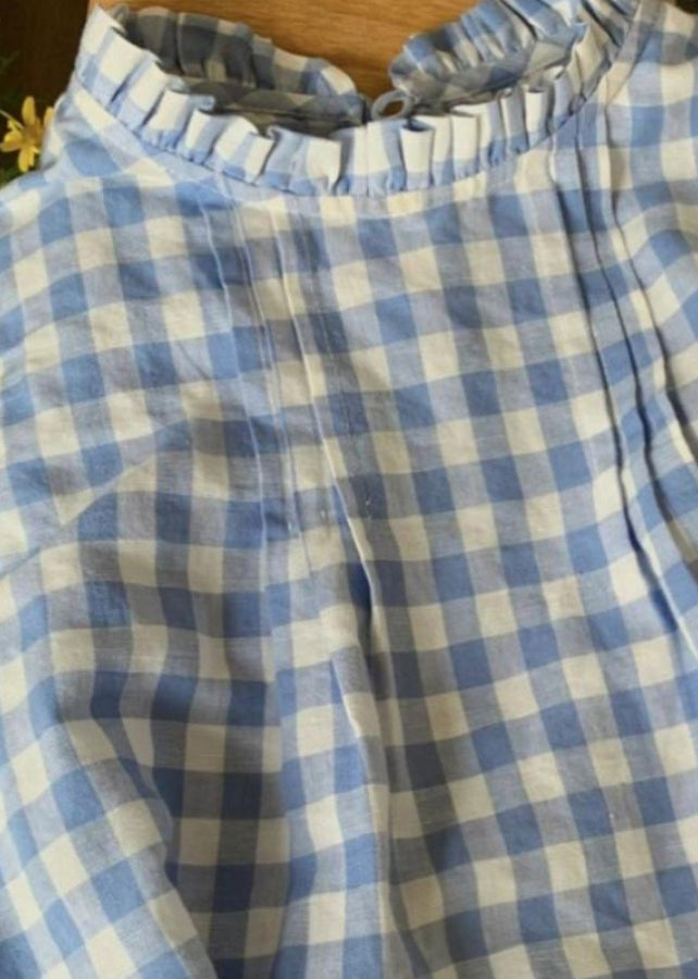 French Blue Ruffled Plaid Loose Cotton Top Summer