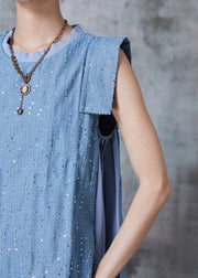 French Blue Sequins Patchwork Denim Day Dress Summer