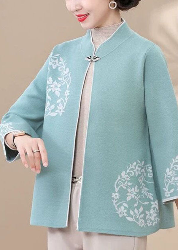 French Blue Stand Collar Print Woolen Coat Outwear Fall