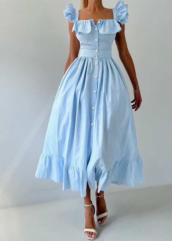 French Blue Striped Button Cotton Long Dresses Butterfly Sleeve