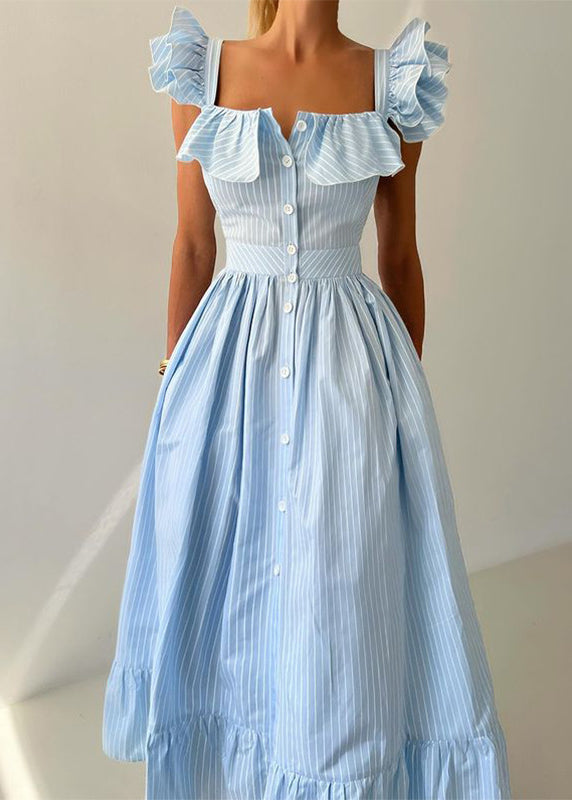 French Blue Striped Button Cotton Long Dresses Butterfly Sleeve