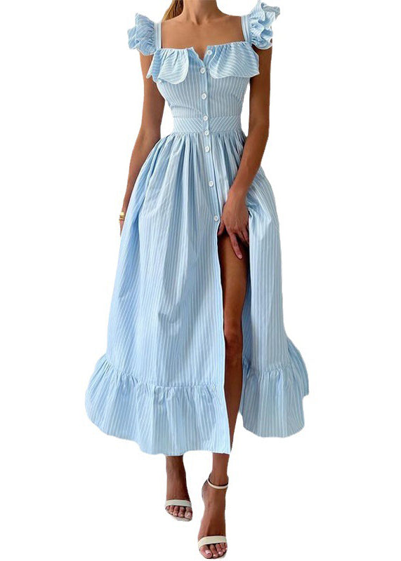 French Blue Striped Button Cotton Long Dresses Butterfly Sleeve