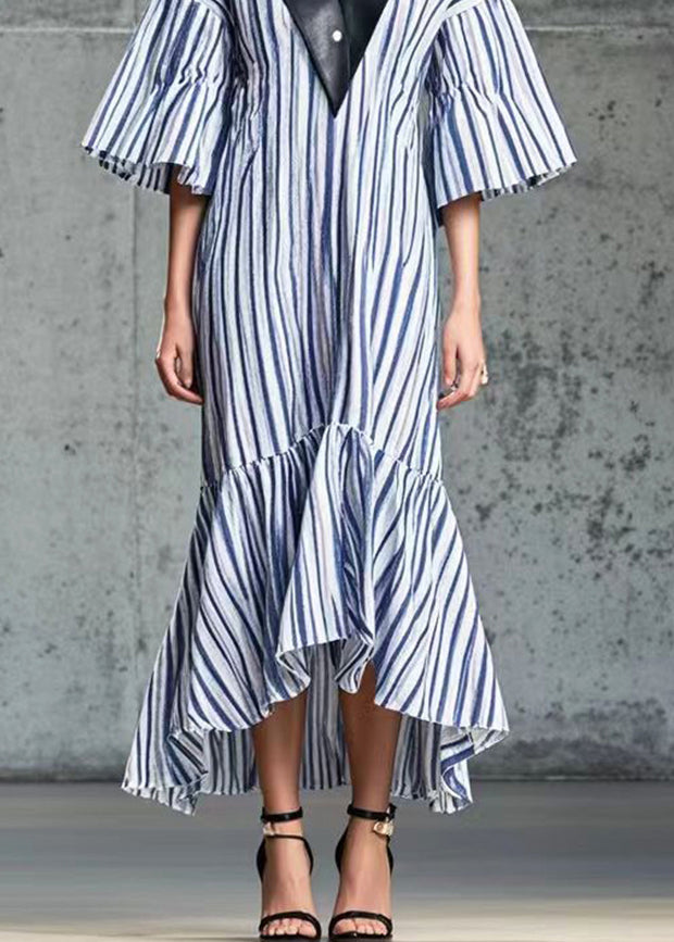 French Blue Striped Patchwork PU Cotton Long Dress Summer