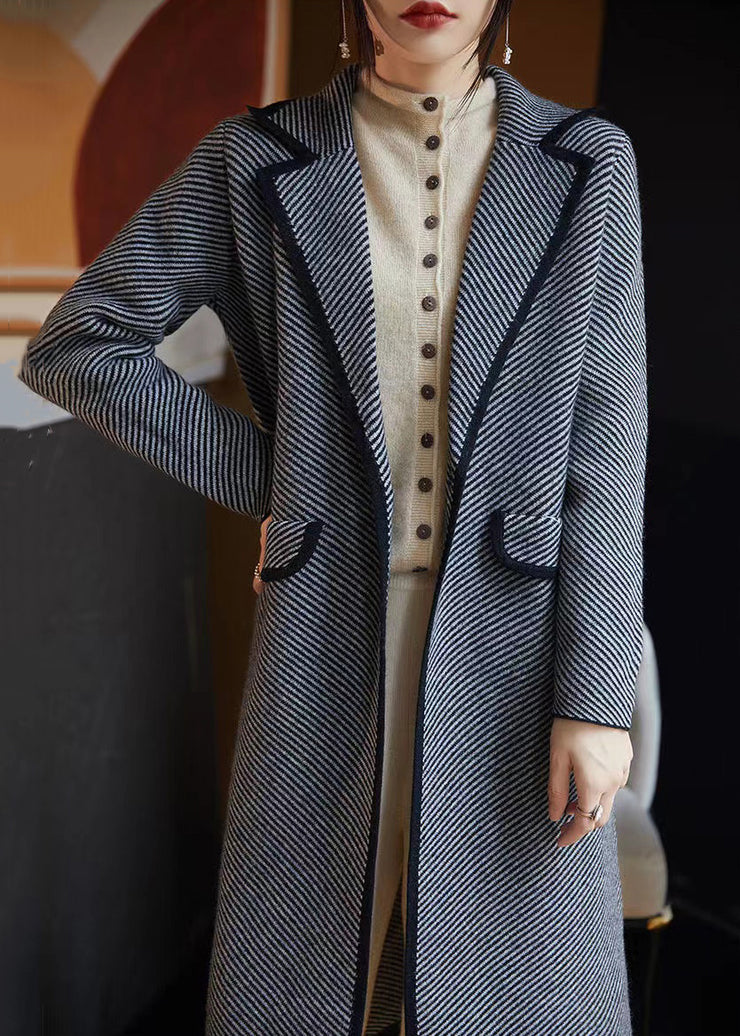 French Blue Striped Pockets Woolen Coats Fall