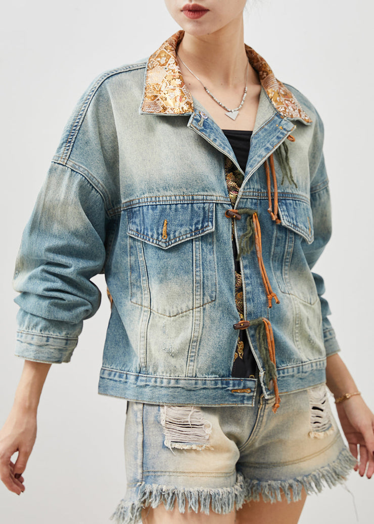 French Blue Tasseled Patchwork Denim Jacket Spring