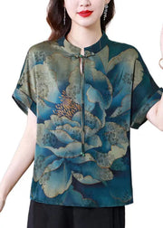 French Blue Tasseled Print Patchwork Silk Tops Summer