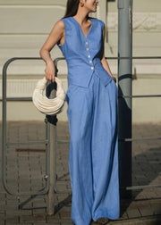 French Blue Tops And Pants Linen Two Pieces Set Sleeveless