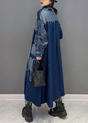 French Blue Turn-down Collar Patchwork Denim Fabric Coat Spring