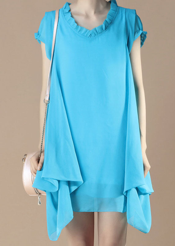 French Blue V Neck Ruffled Patchwork Chiffon Dress Summer