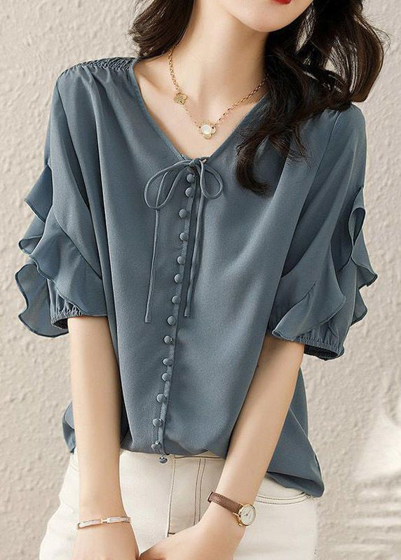 French Blue V Neck Ruffled Patchwork Shirts Short Sleeve