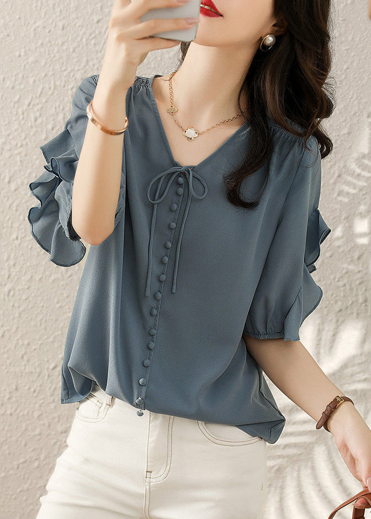 French Blue V Neck Ruffled Patchwork Shirts Short Sleeve