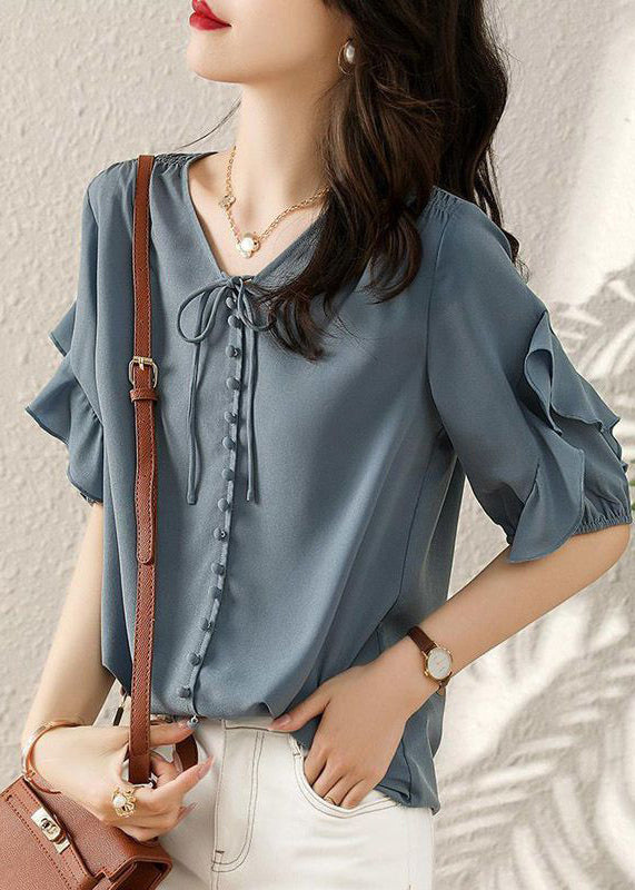 French Blue V Neck Ruffled Patchwork Shirts Short Sleeve