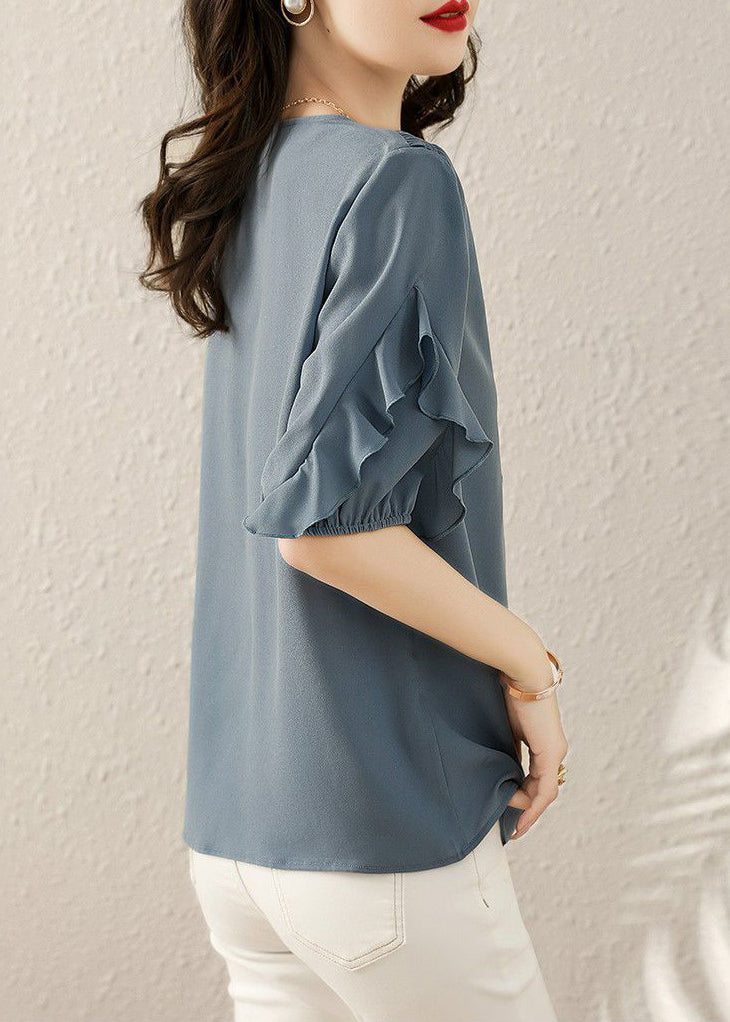 French Blue V Neck Ruffled Patchwork Shirts Short Sleeve