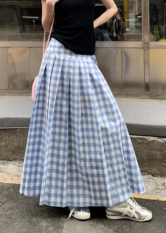 French Blue White Plaid High Waist Wrinkled Maxi Skirts Summer